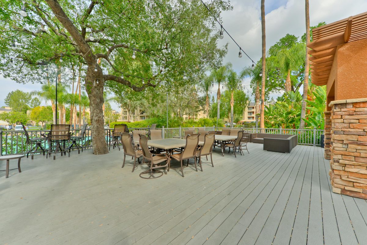 The Met Warner Center clubhouse outdoor deck — Woodland Hills condos