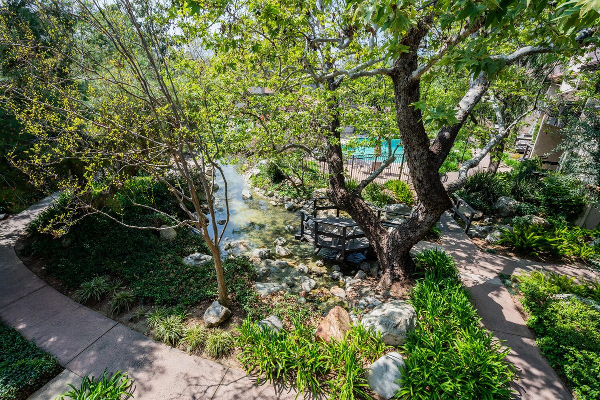 Warner Woods creek stream and wooden bridge — Marylee St Woodland Hills